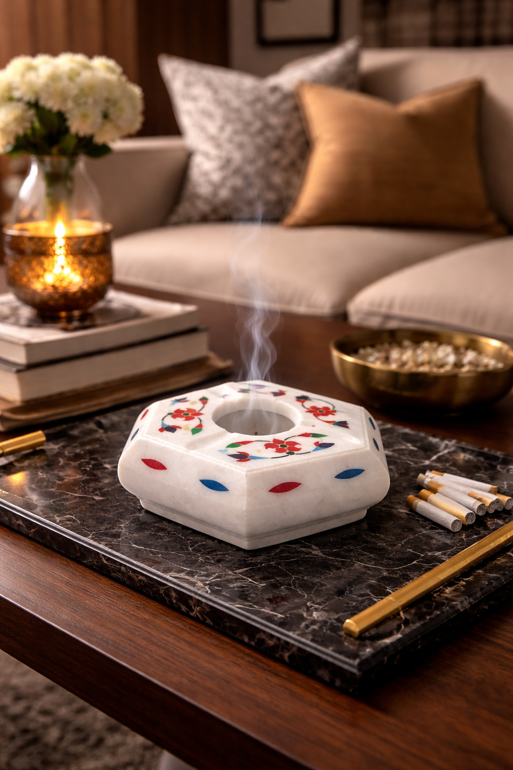Luxury marble cigarette ashtray with artisan floral inlay design styled on modern coffee table nz