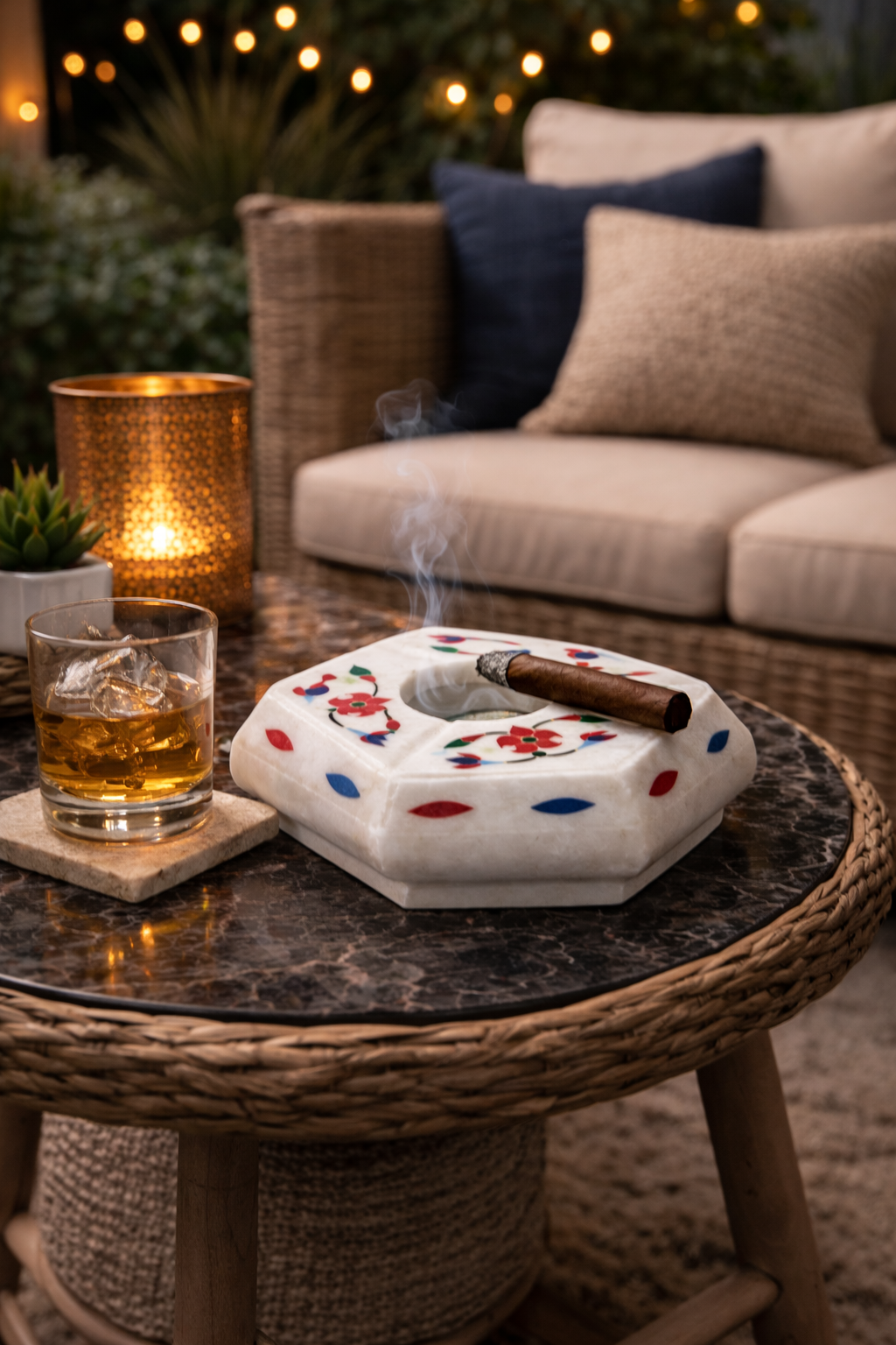 Handcrafted white marble ashtray with colourful floral inlay holding a cigar on a luxury outdoor lounge coffee table