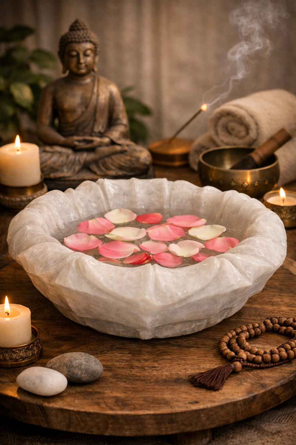 Hand-carved white marble lotus bowl centrepiece with floating candles and rose petals in meditation room table