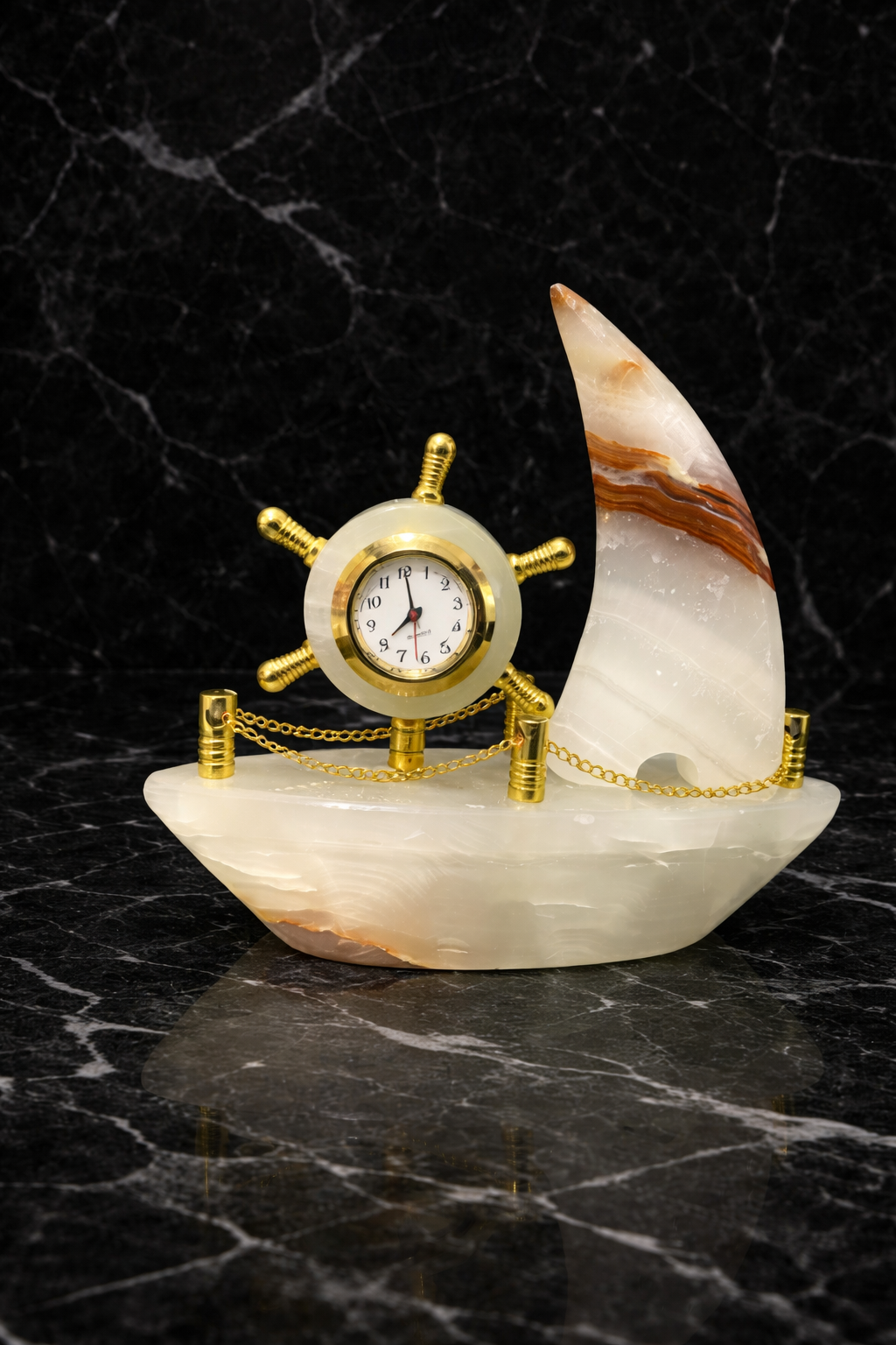 Luxury handcrafted onyx ship clock with gold ship wheel design, nautical stone desk decor for home or office