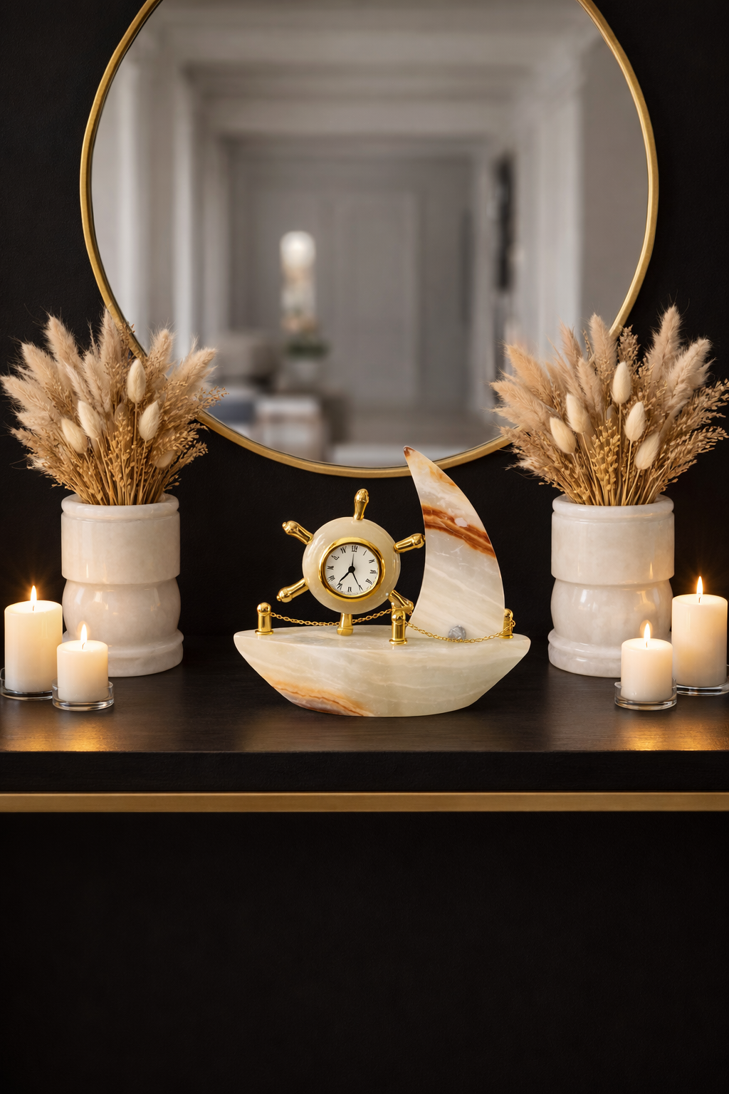 0.378 kg Luxury marble sailboat clock made from natural onyx stone, unique nautical home decor accent