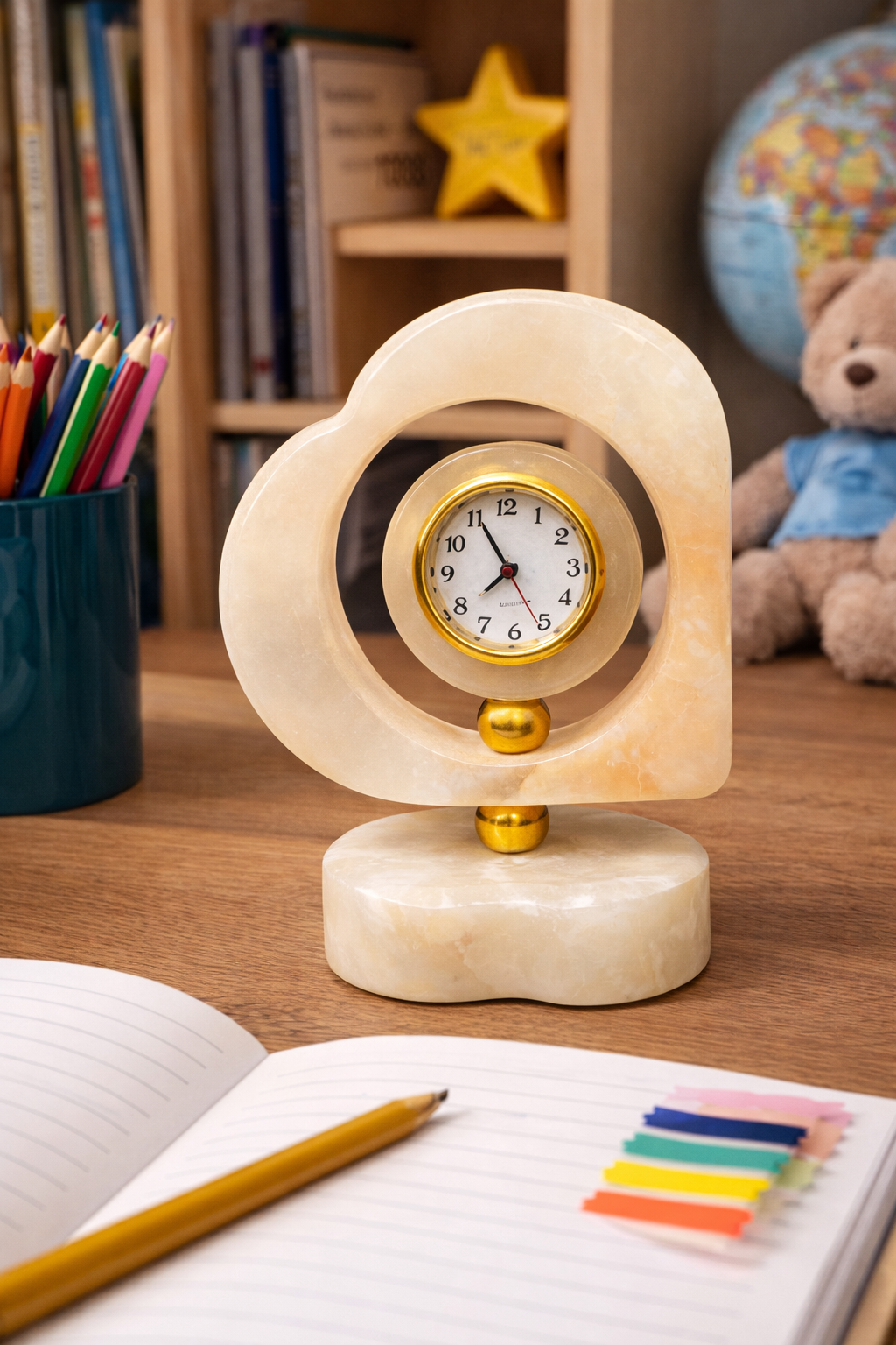 Heart-shaped onyx marble desk clock placed on kids study table with books and stationery – elegant stone desk décor for study room styling.