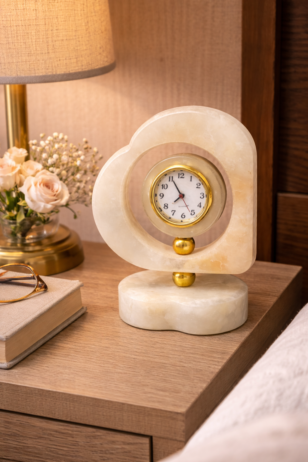 Elegant heart-shaped onyx marble desk clock placed on bedside table with lamp and flowers – luxury stone décor for bedroom interior styling