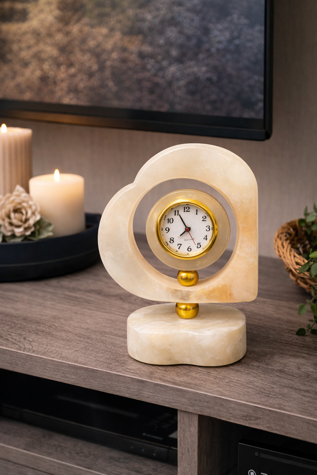 Handcrafted heart-shaped onyx marble desk clock styled on living room console table with candles – elegant luxury stone décor for modern home interiors
