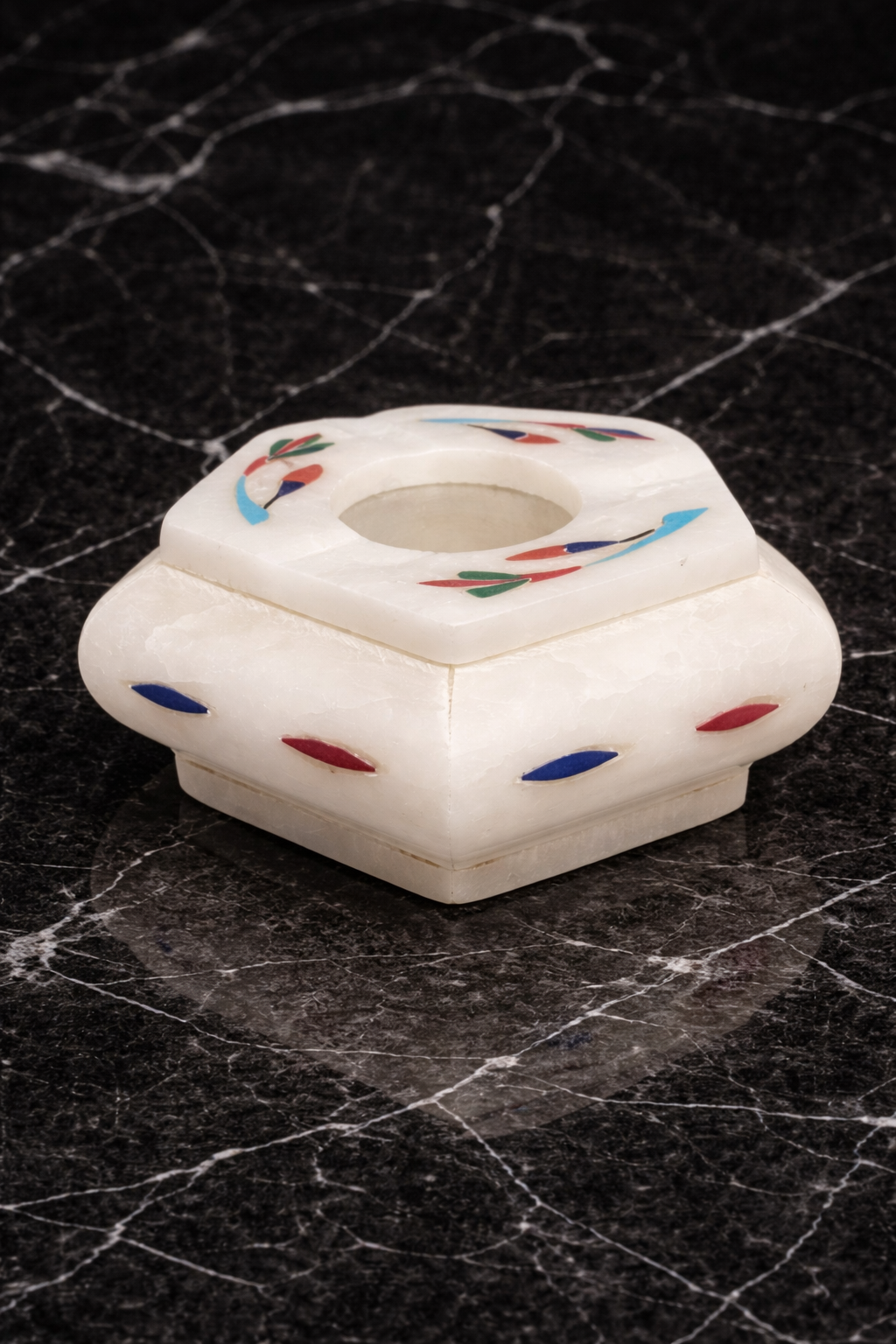 Premium marble cigar ashtray with multistone inlay on black marble surface luxury cigar lounge decor marble home bar accessories