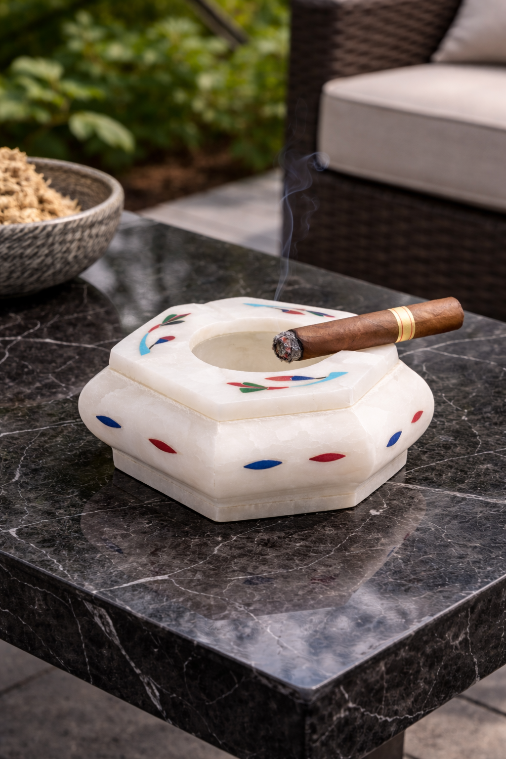 Hexagonal marble cigar ashtray with colourful inlay used as premium cigar ashtray in luxury cigar lounge decor nz
