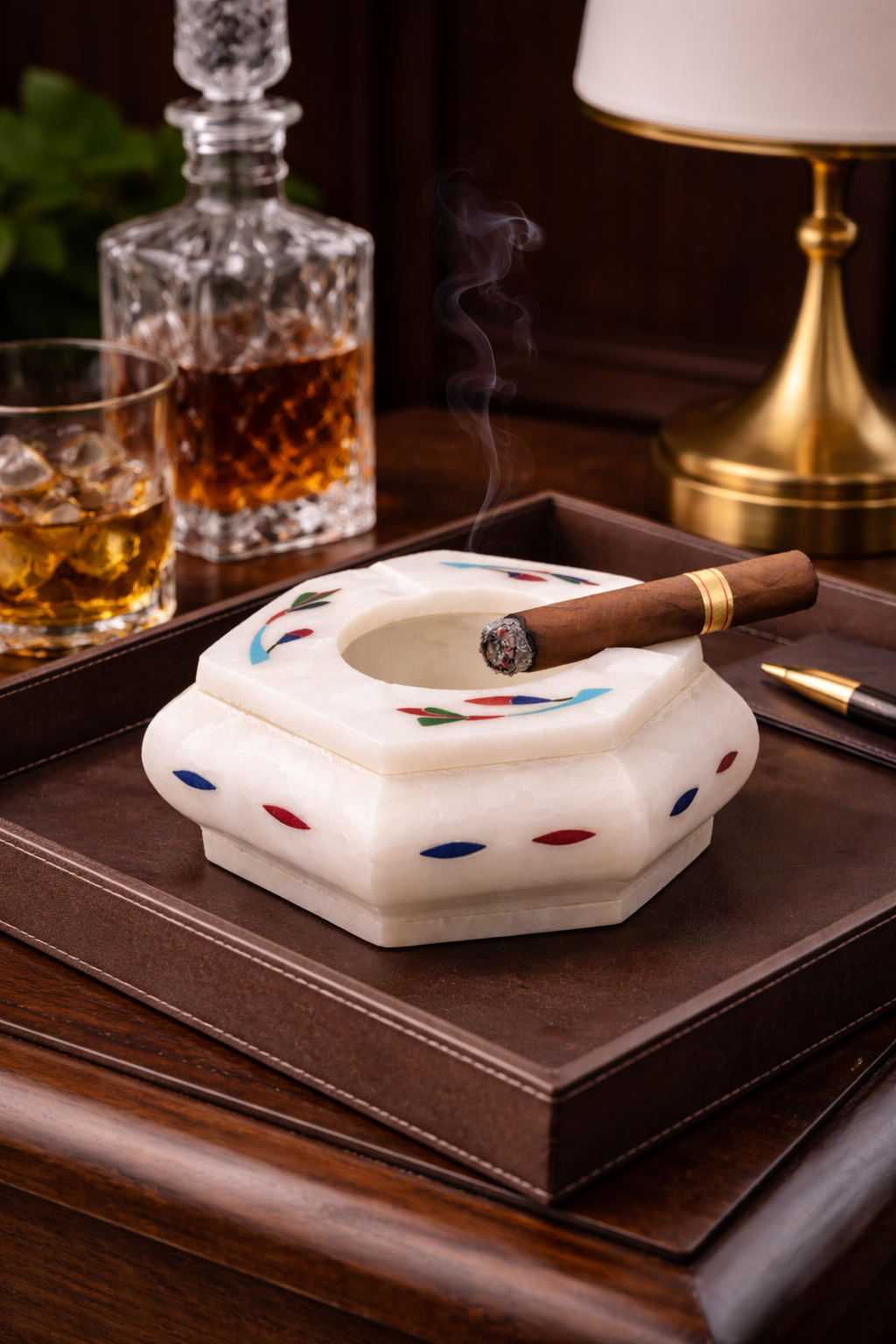 Hexagon marble ashtray with cigar on elegant table marble home bar accessories decor