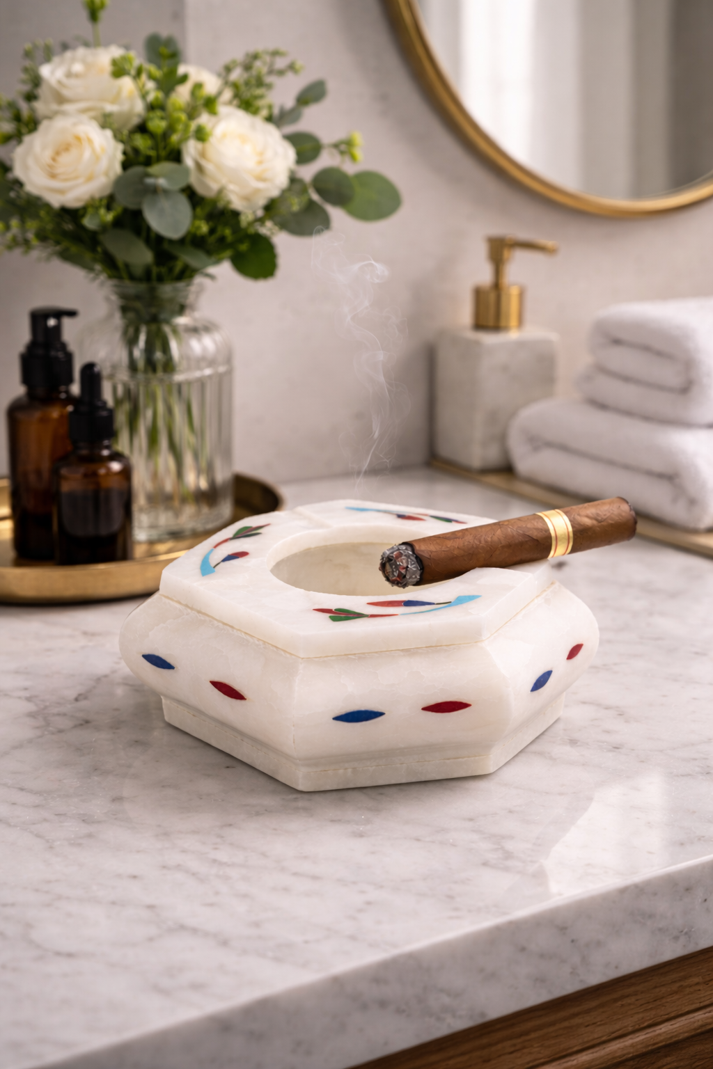 0.261 kg Luxury marble cigar ashtray close-up with multistone inlay premium cigar ashtray