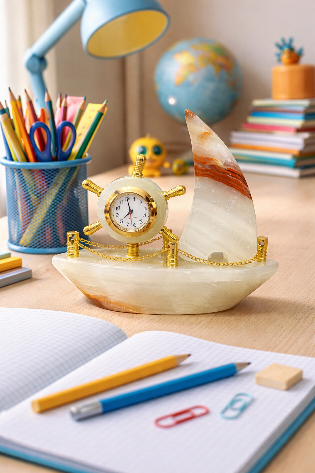 Decorative onyx sailboat desk clock placed on kids study table with books and stationery – unique marble study desk décor.