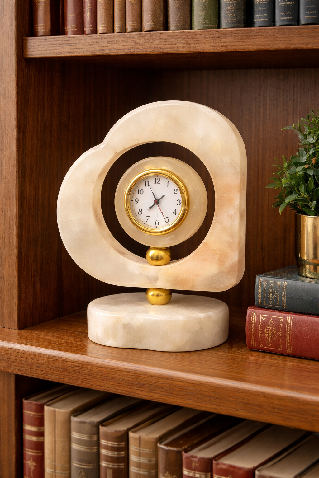 0.553 kg Luxury heart-shaped onyx desk clock displayed on wooden bookshelf with books – elegant marble décor piece for home library styling.