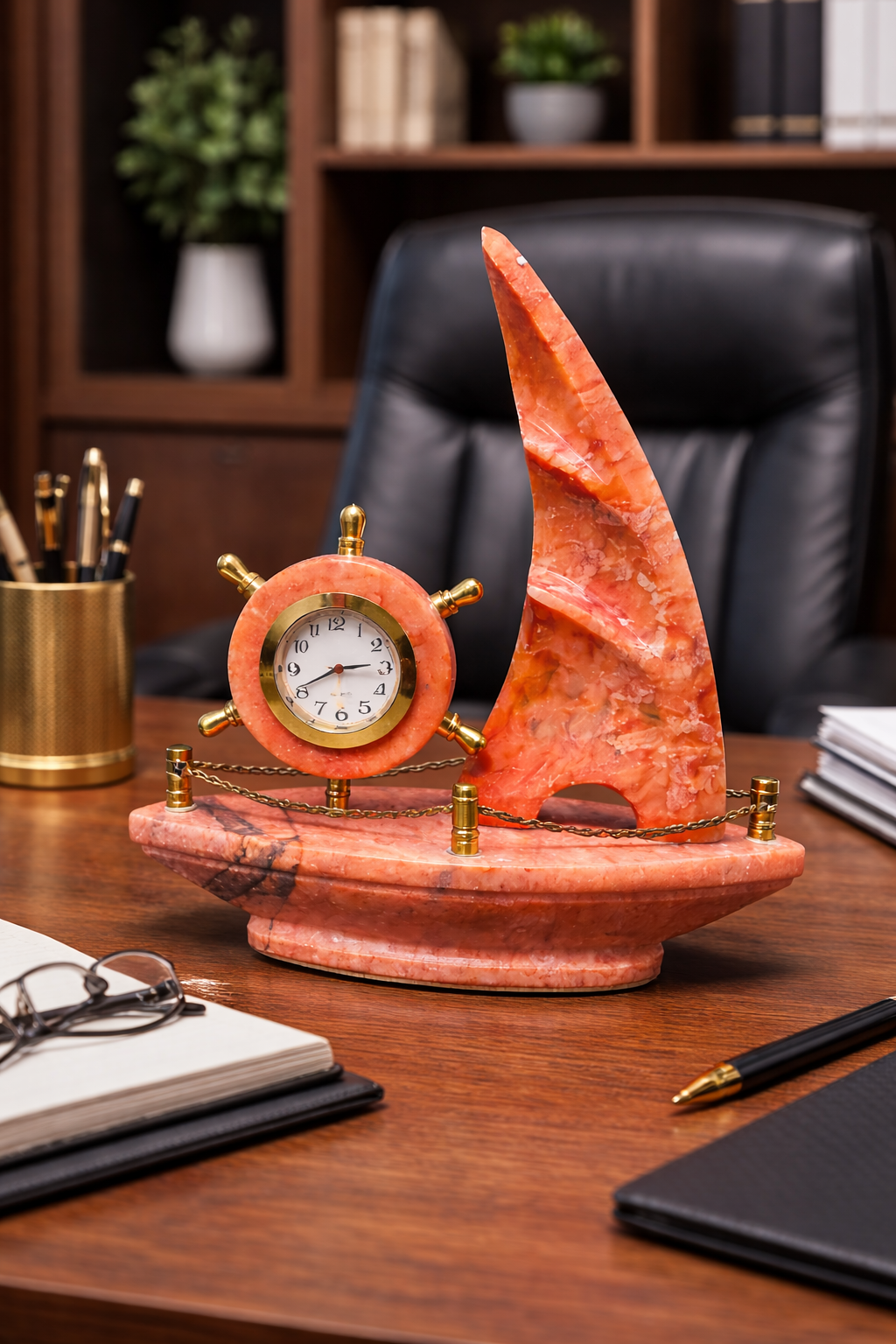 Handcrafted red onyx sailboat clock on office desk – elegant marble nautical décor for workspace styling.