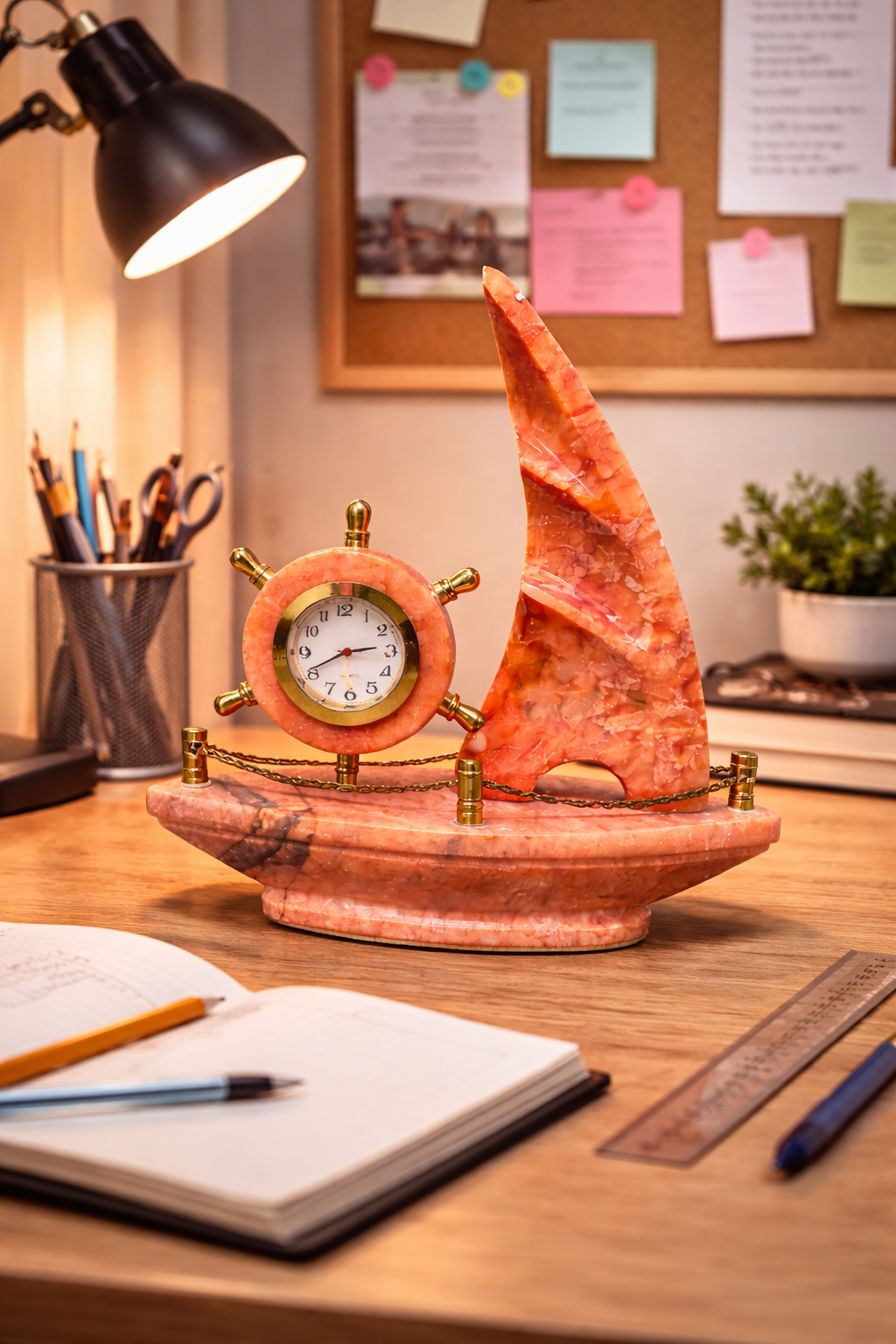 1.217 kg red onyx sailboat marble clock on study desk with books – unique nautical desk décor.