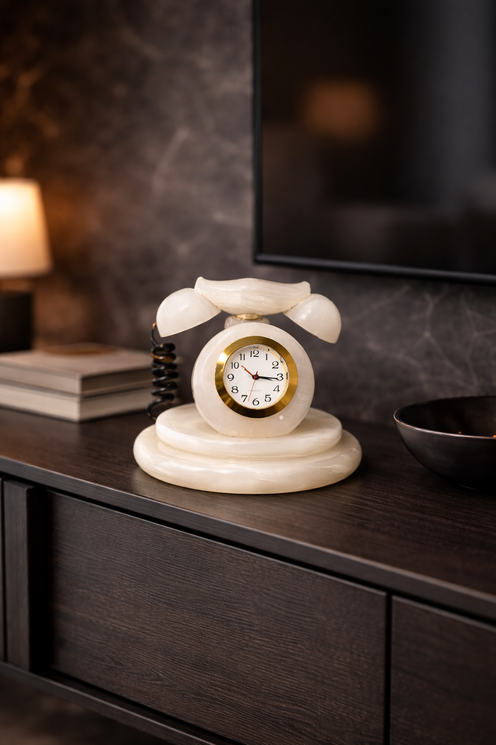 natural onyx table clock on tv stand modern living room decor