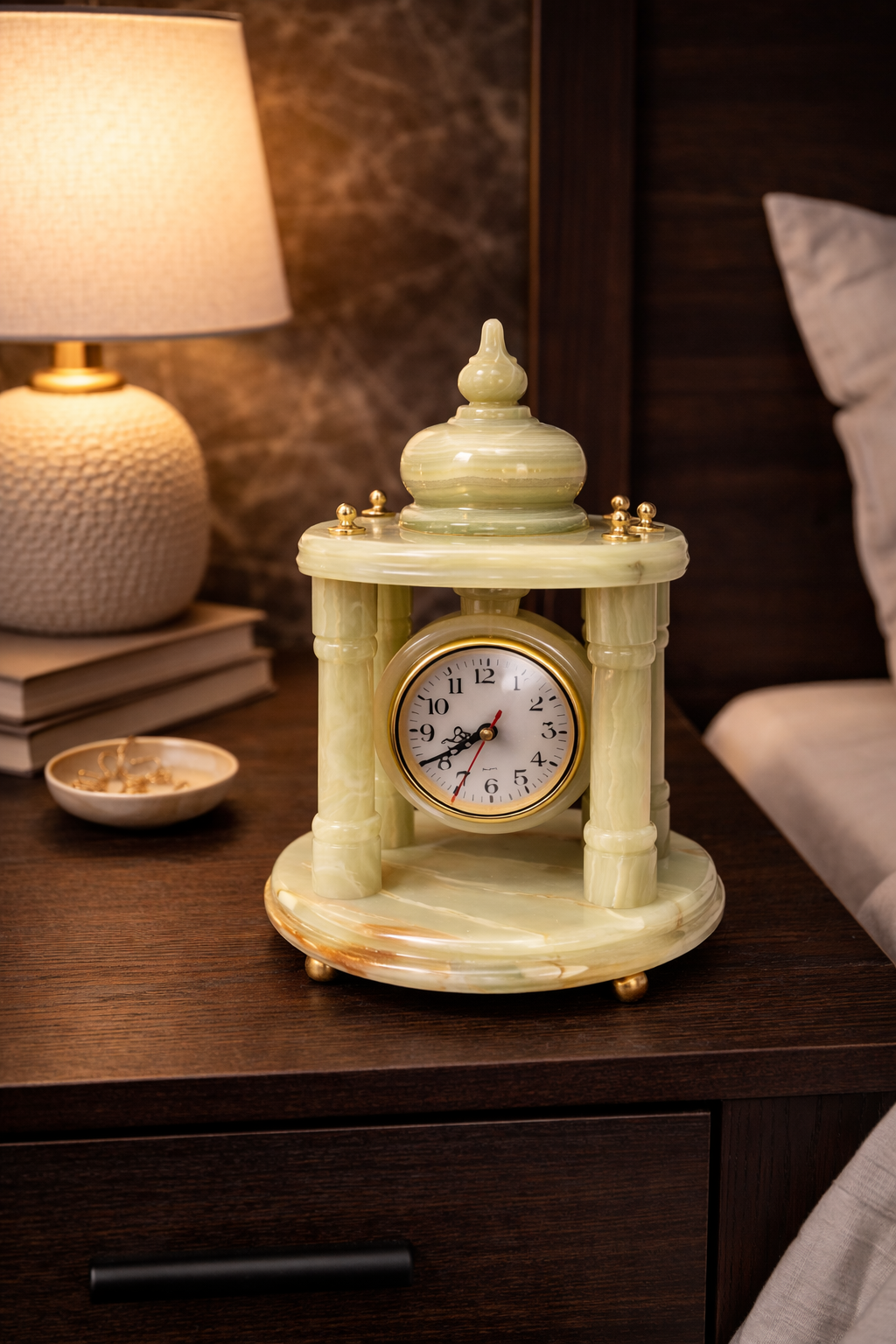 natural onyx home décor clock on bedside table luxury bedroom styling