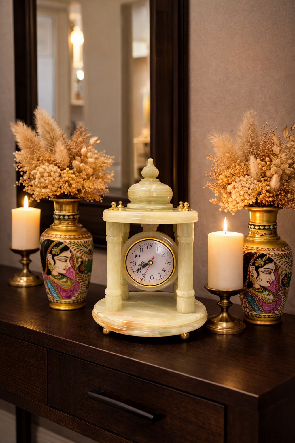 luxury console table clock with candles and dried flower vases entryway décor 