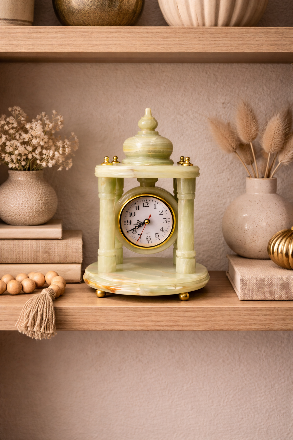 handcrafted stone mantel clock displayed on wooden shelf modern interior décor