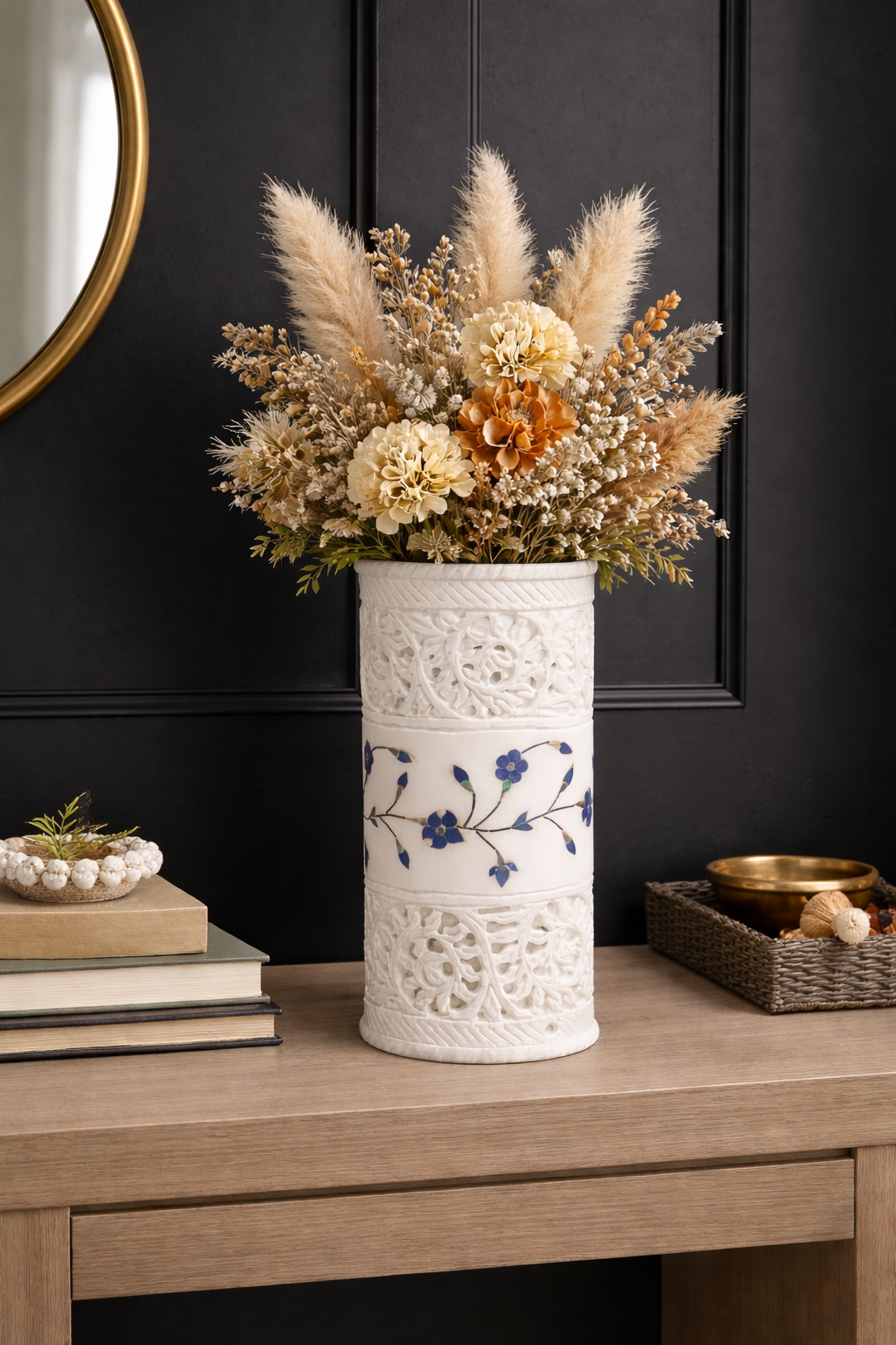 Premium white marble vase with blue floral inlay and dried flowers, luxury console table décor
