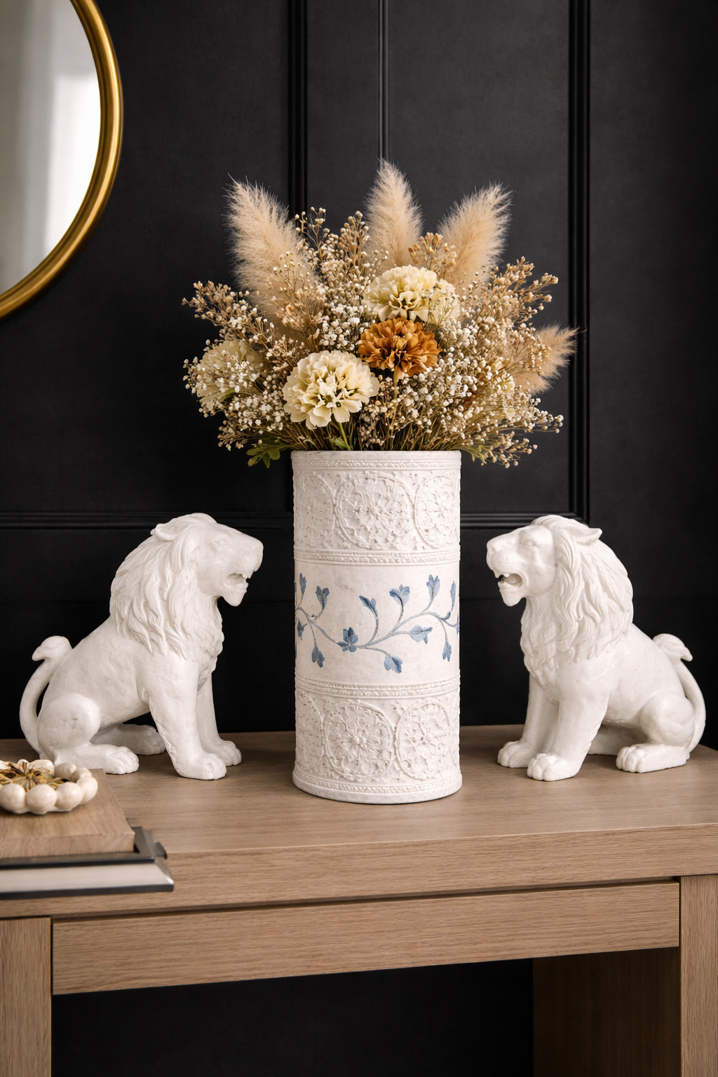 Luxury white marble floral vase with dried flowers on entry console table with lion sculptures, elegant home décor NZ