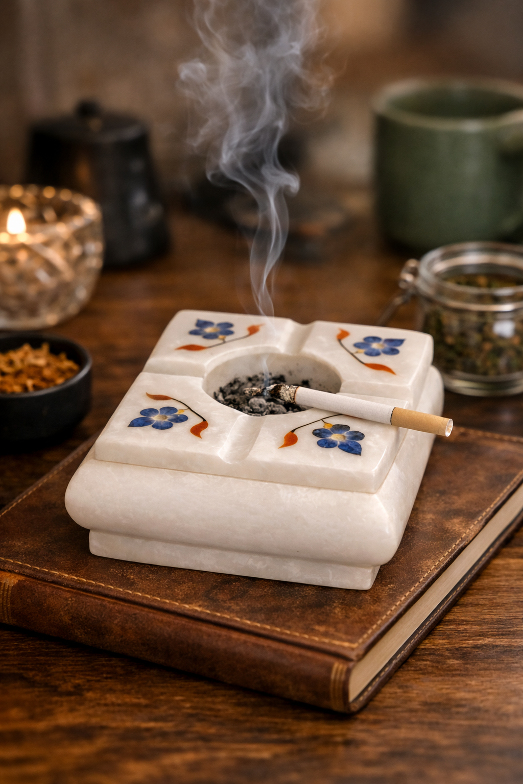 0.282 kg square marble ashtray NZ with decorative inlay used as stylish home bar ashtray
