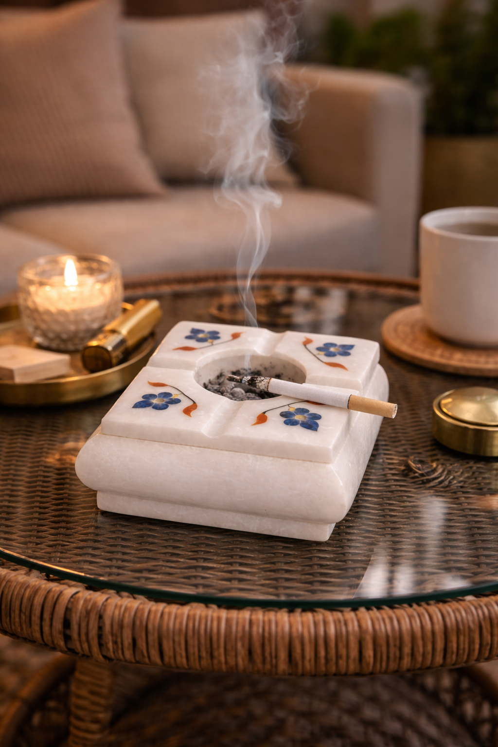 Square marble ashtray NZ with decorative inlay used as stylish home