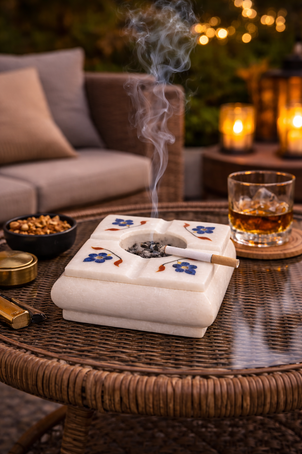 Decorative natural stone ashtray with multistone inlay on outdoor lounge table