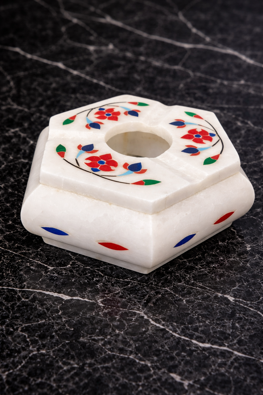 Luxury hexagon marble ashtray with multicolour stone inlay on black marble background – premium marble ashtray NZ