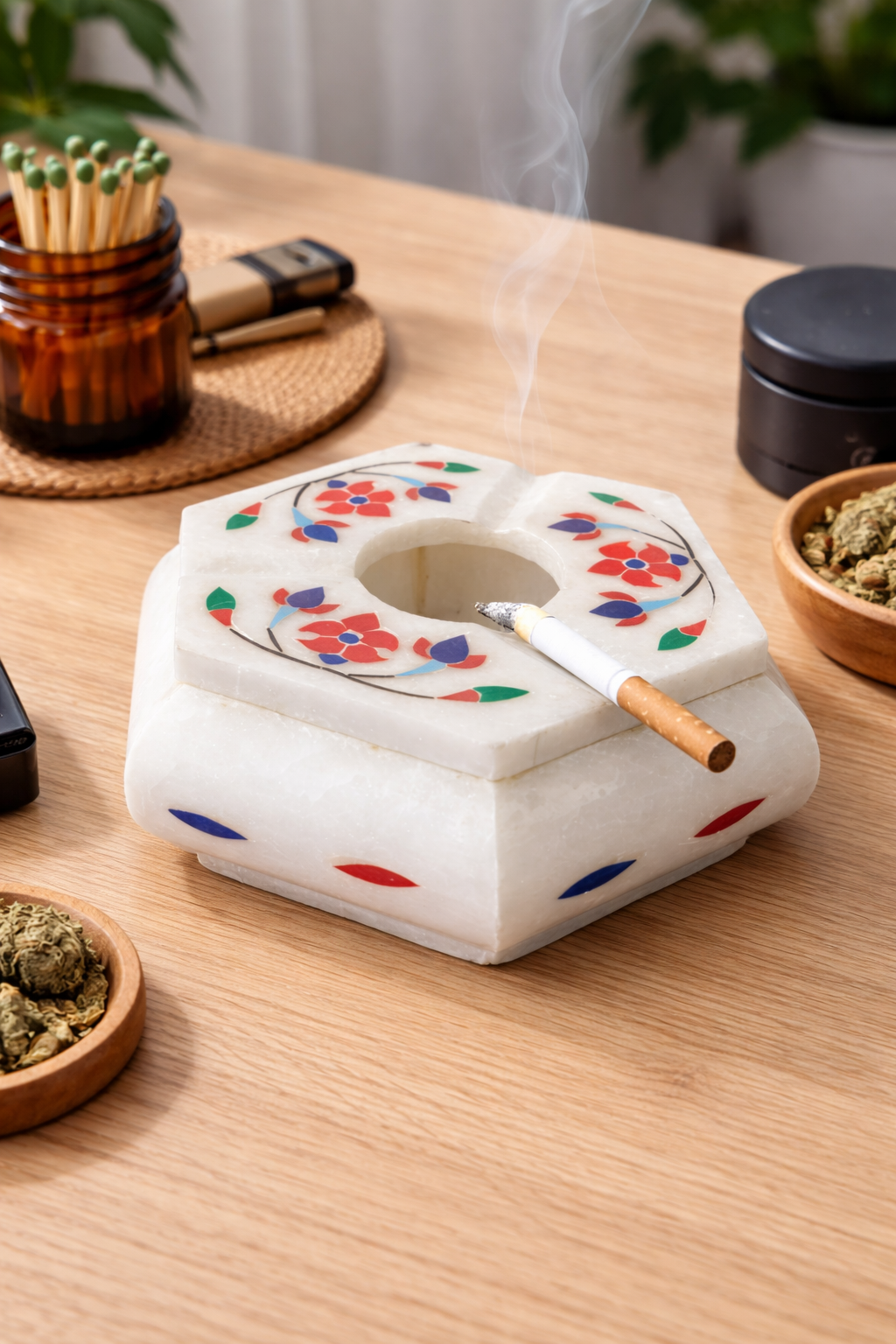 Decorative natural stone ashtray with colourful inlay artwork – elegant table décor accessory