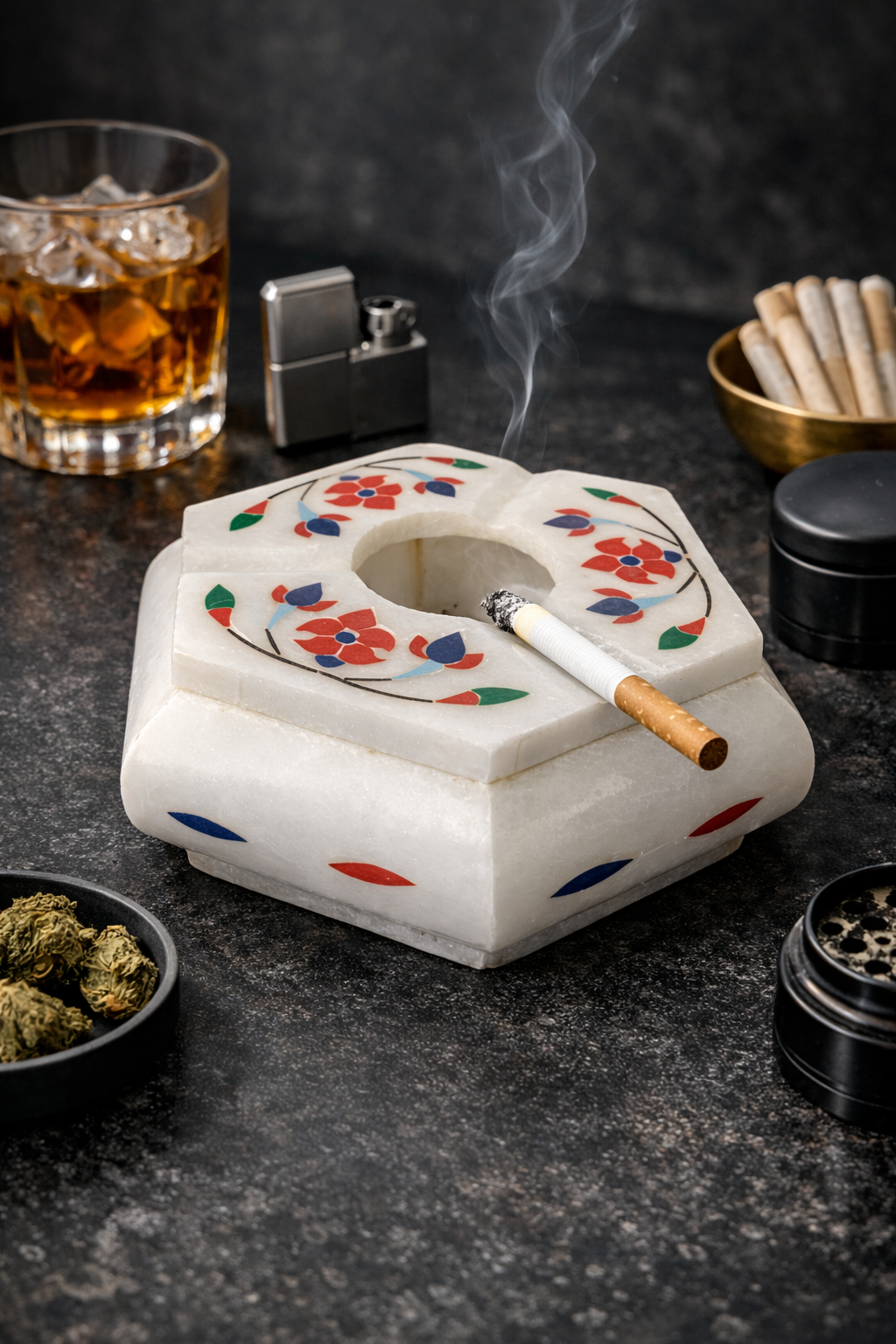 Premium marble cigar ashtray with multicolour inlay design – natural stone smoking accessory