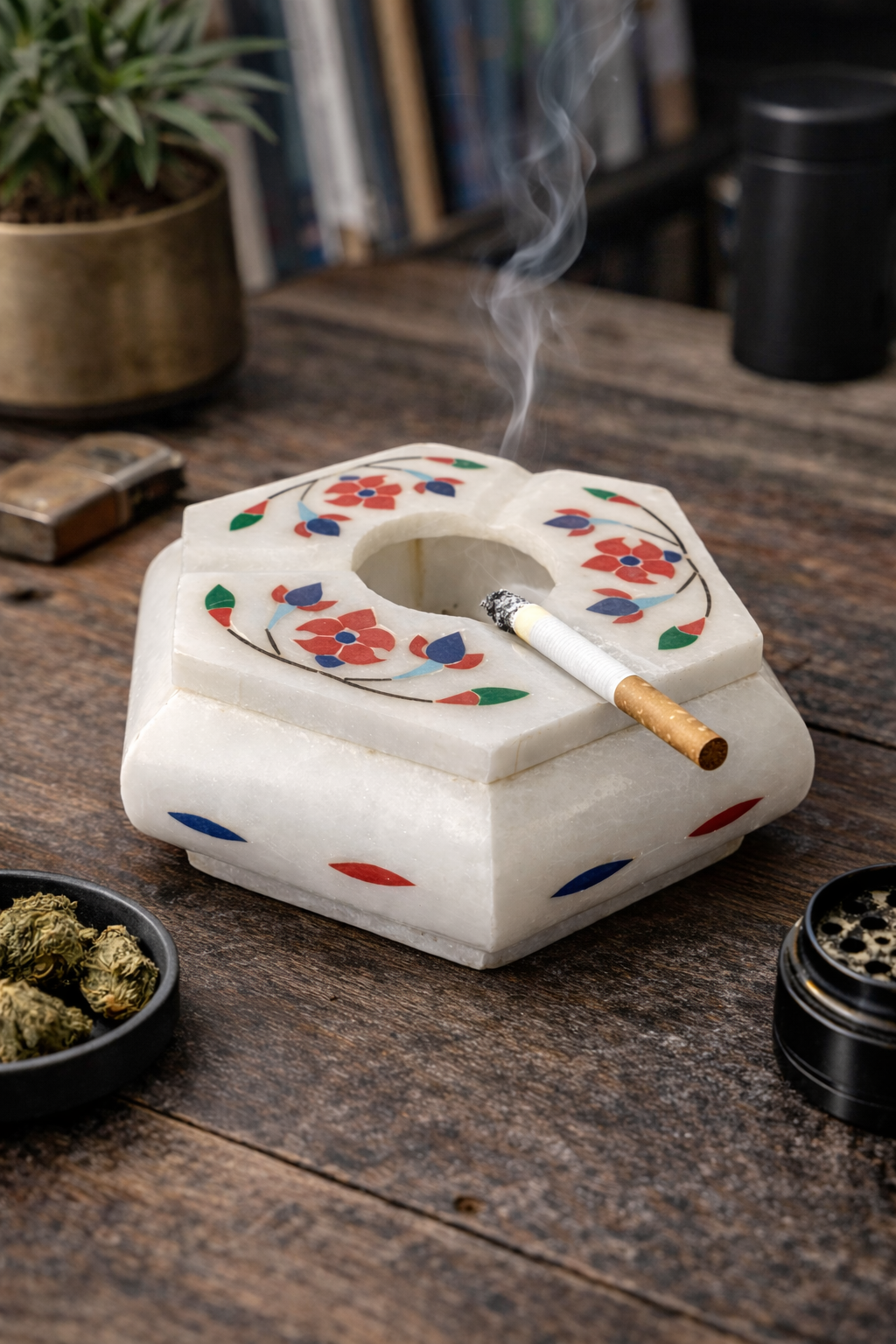 Natural marble ashtray with colourful stone inlay artwork – decorative home bar accessory NZ