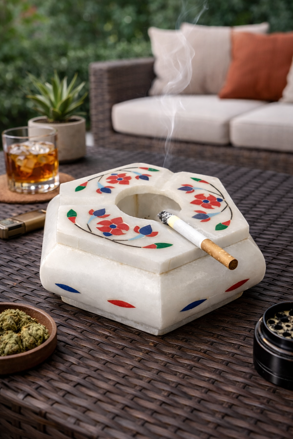 Luxury hexagon marble ashtray NZ with multicolour stone inlay – premium marble cigar ashtray for home bar and outdoor lounge