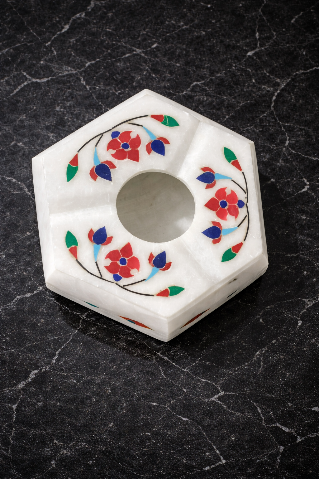 Top view hexagon marble ashtray with floral stone inlay design – handcrafted natural stone ashtray