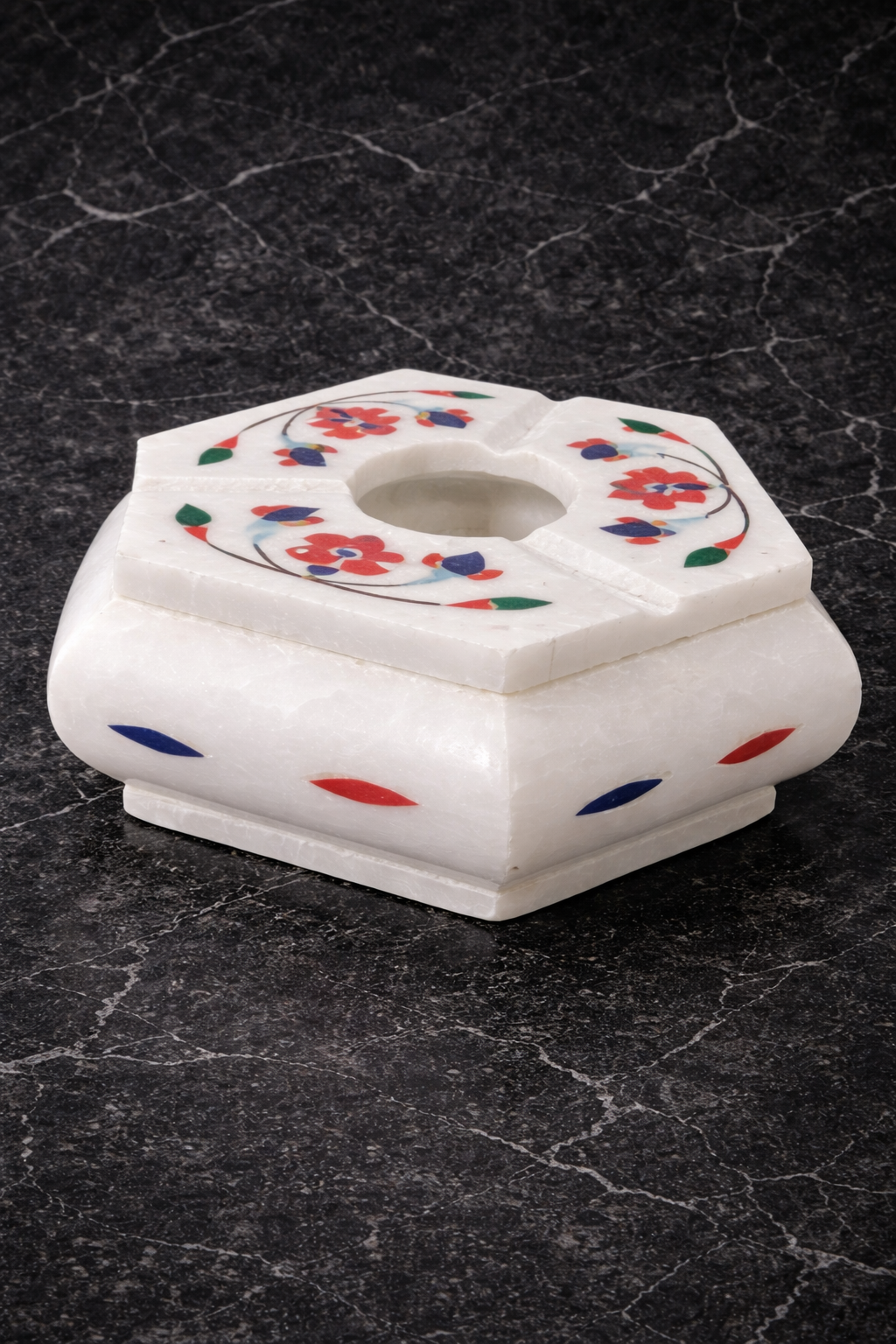 Decorative natural stone ashtray with colourful inlay artwork – elegant table décor accessory