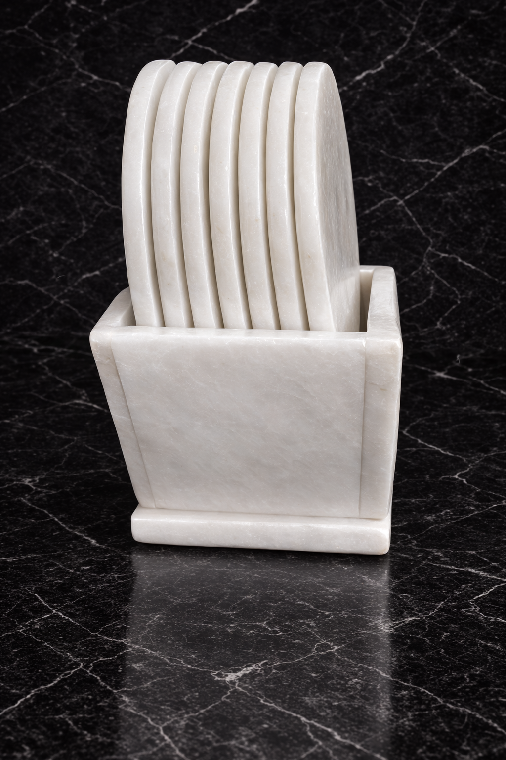 Side view of premium marble coaster set with floral stone inlay design – luxury coffee table coasters NZ