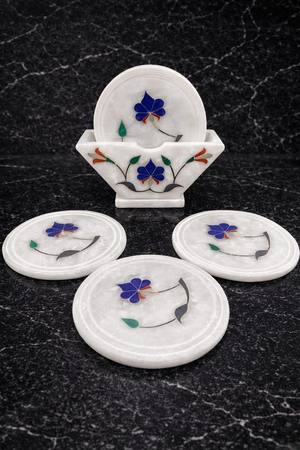 0.653 kg premium marble coaster set with holder on black marble surface – luxury drink coasters