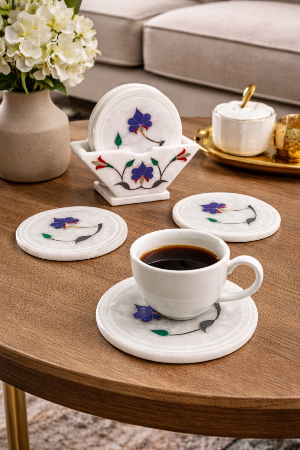Handcrafted marble coasters with floral stone inlay design – elegant coffee table accessories