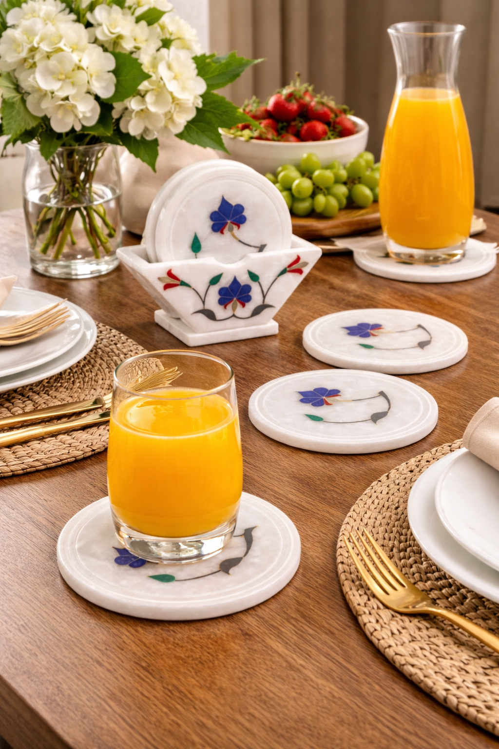 Decorative marble table coasters with colourful stone inlay – natural stone drink coasters for dining table