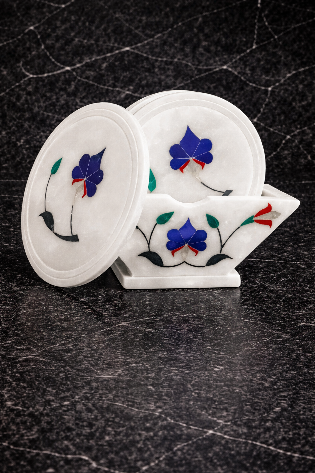 Luxury marble coaster set NZ with multicolour stone inlay and marble holder – natural stone drink coasters for coffee table and dining table