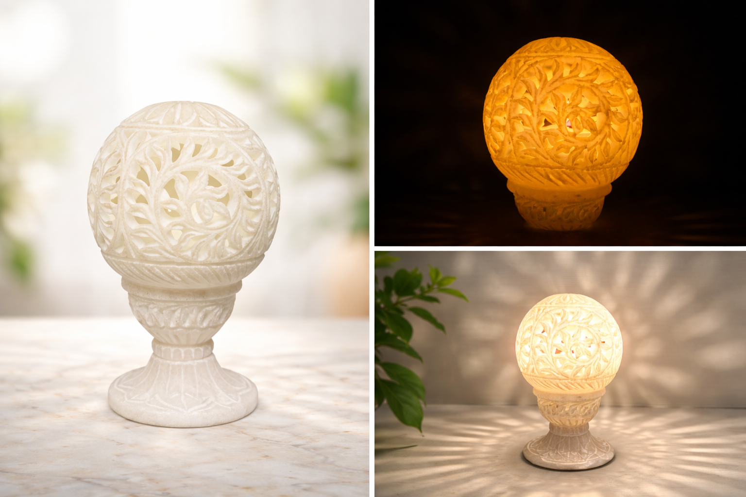 Elegant marble tealight holder casting warm light through intricate floral pattern