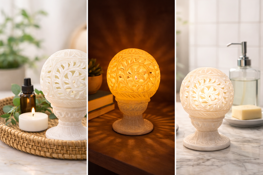 Hand-Carved White Marble Tealight Holder – Floral Candle Decor
