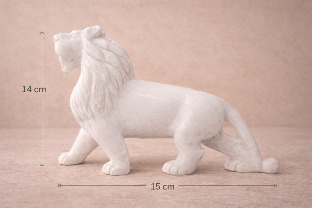 Elegant stone lion statue carved from white marble with polished finish