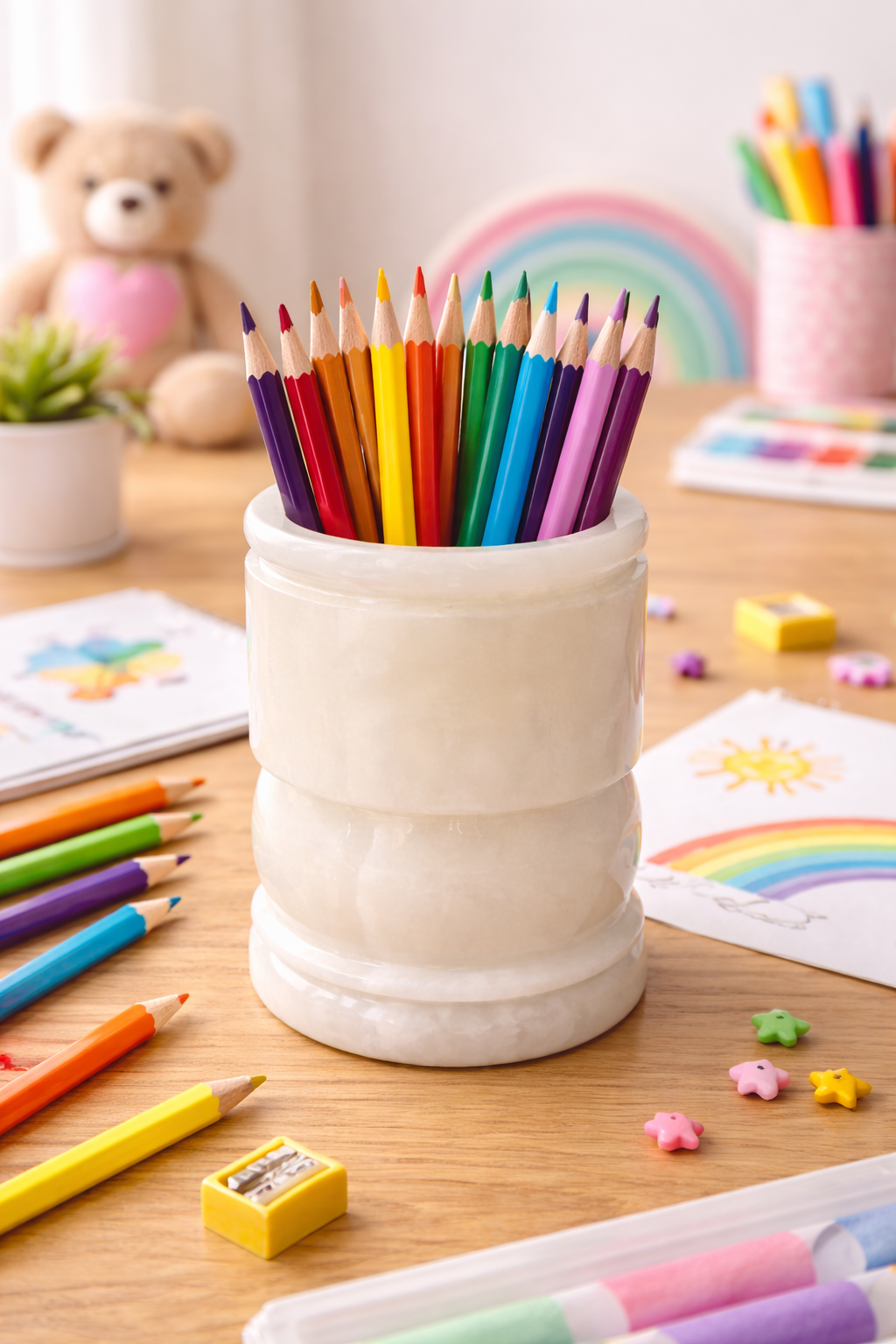 Natural onyx pen holder with colourful pencils for kids’ desk organisation.