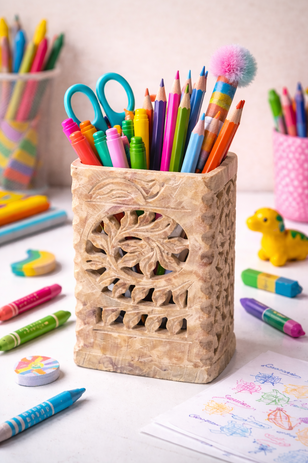 Square soapstone pen holder filled with colourful pencils on a child’s study desk.