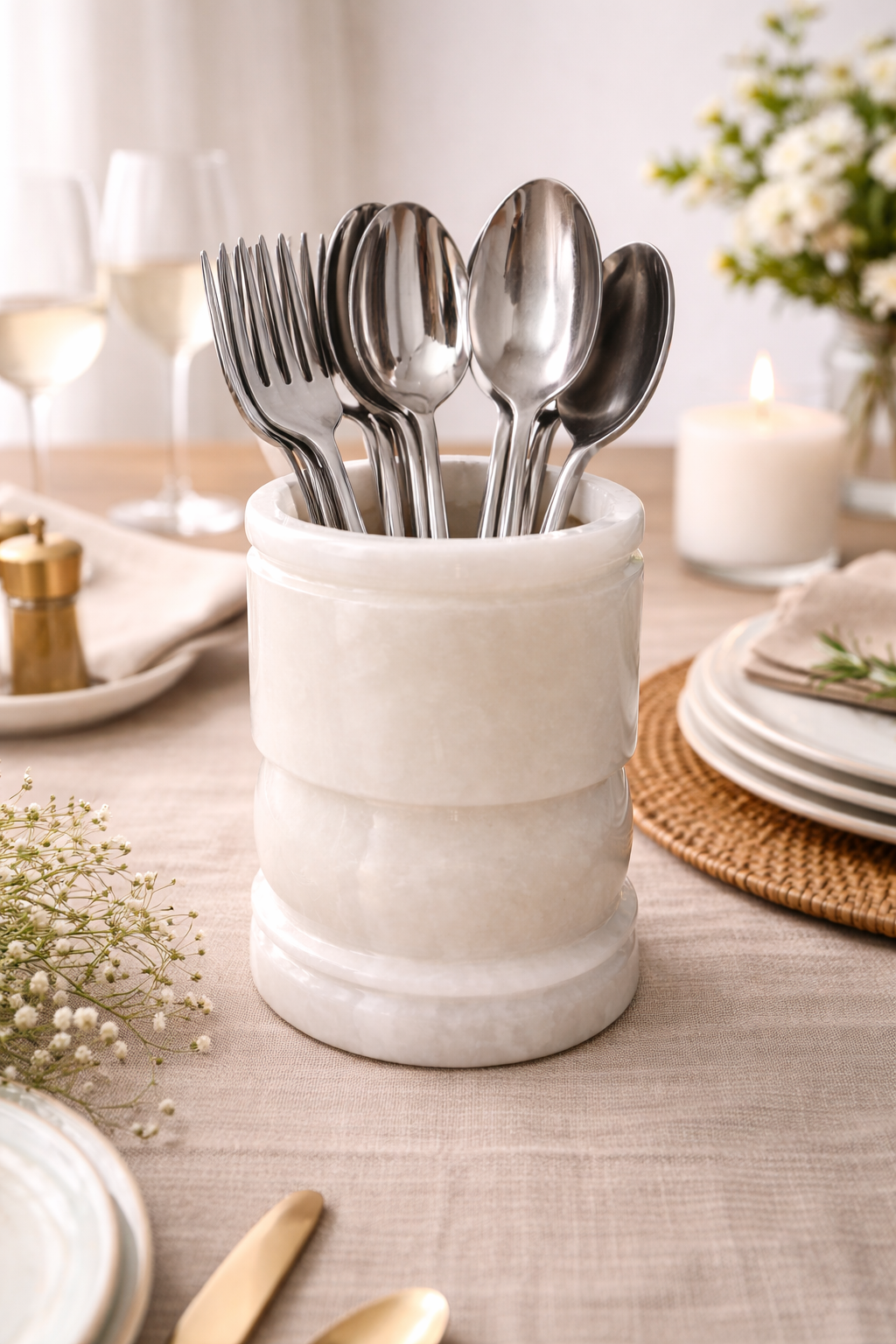 Polished onyx utensil holder with serving spoons on a modern dining setup.