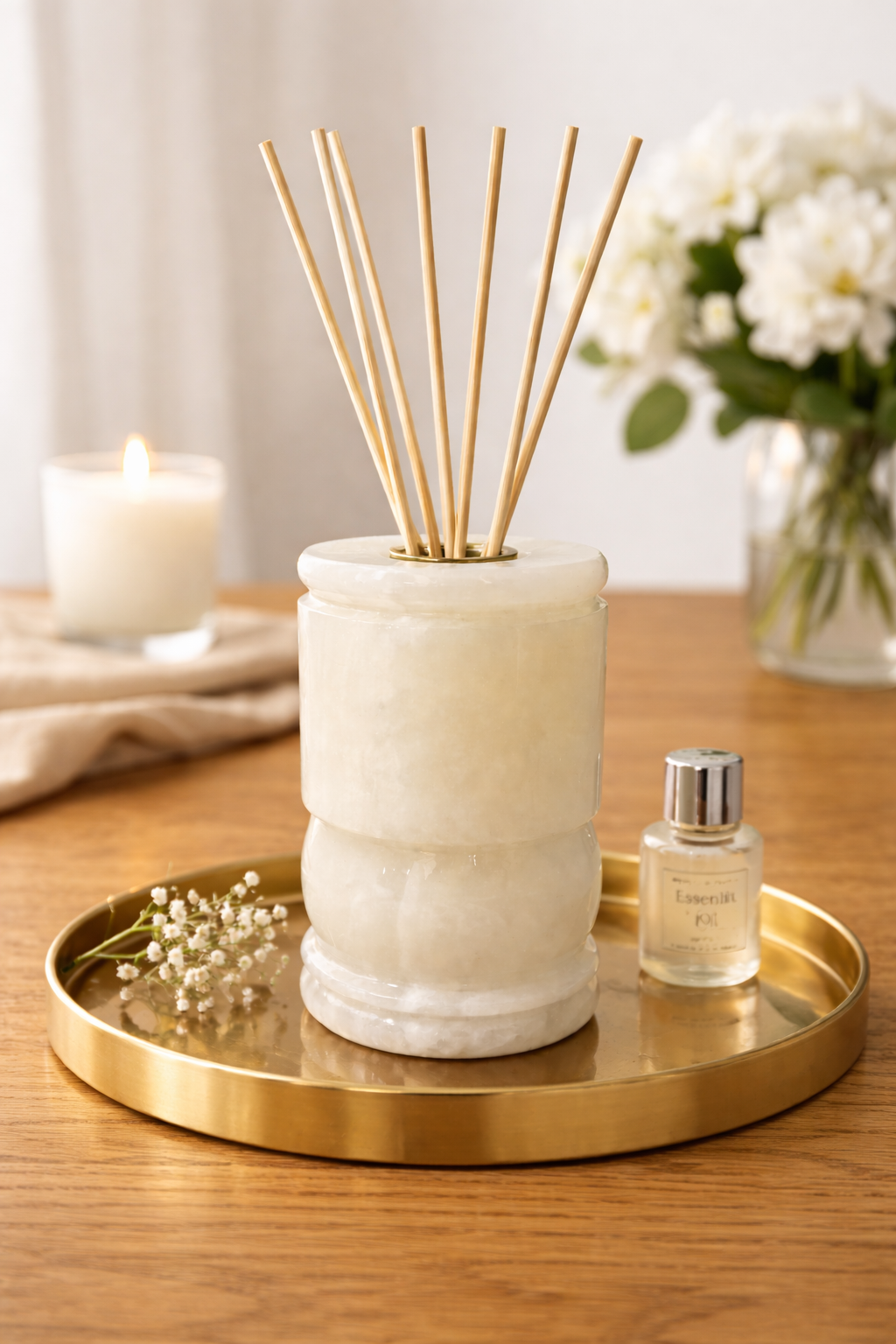 Natural onyx stone holder used as an incense stick container on a wooden table.