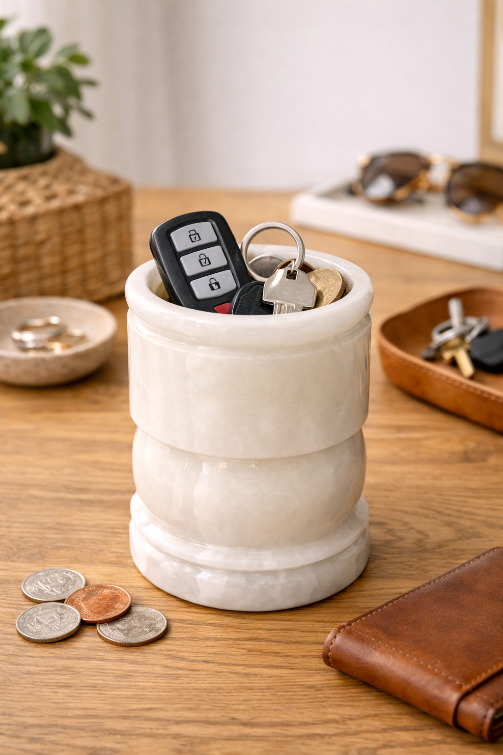 Onyx multipurpose holder for keys and small essentials on an entry table.