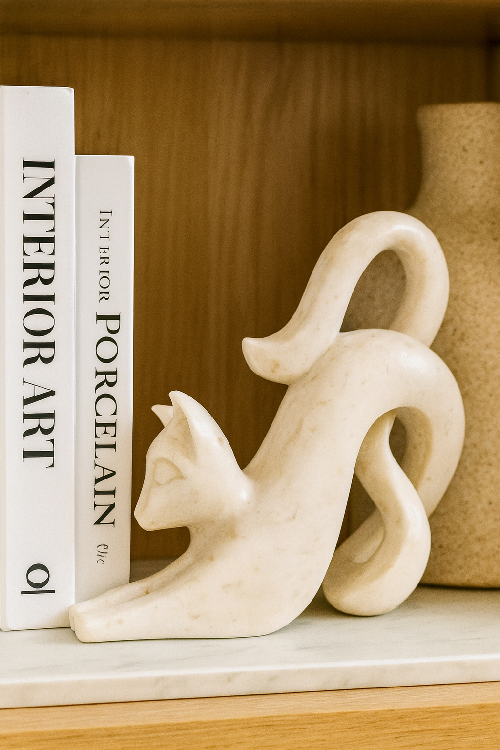 Polished white marble cat sculpture displayed on bookshelf with books and décor accents, luxury interior styling NZ