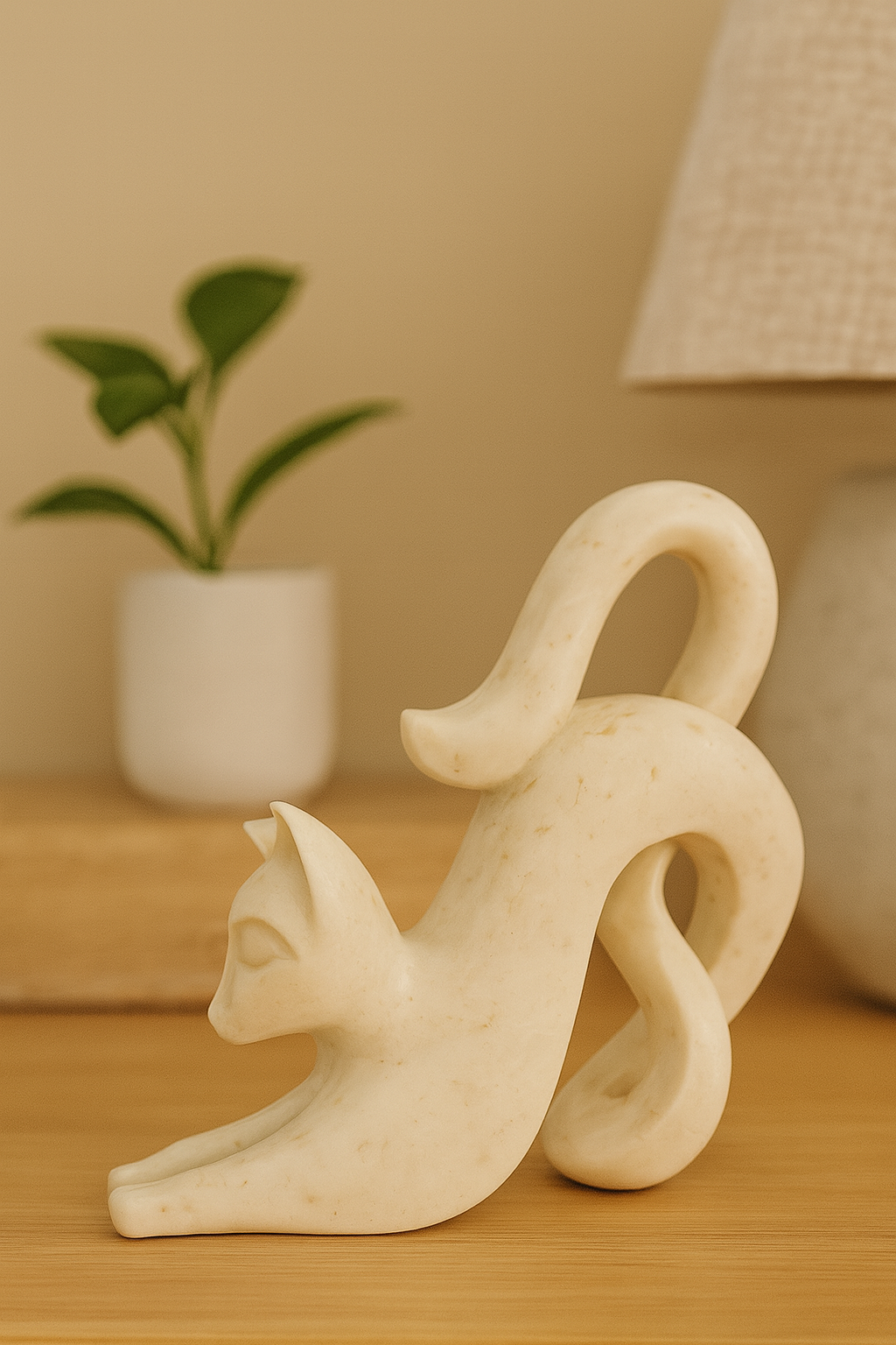 Hand-carved white marble cat sculpture styled on wooden console table, luxury modern home décor NZ