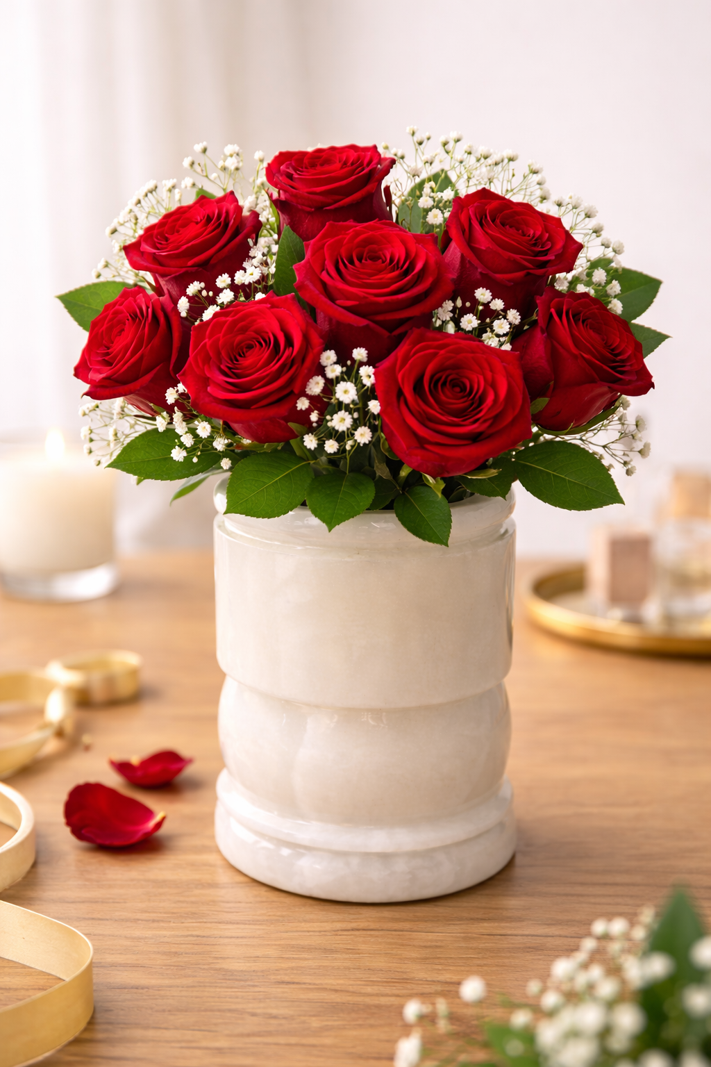 Polished natural onyx holder styled as a vase with roses in a warm neutral setting.