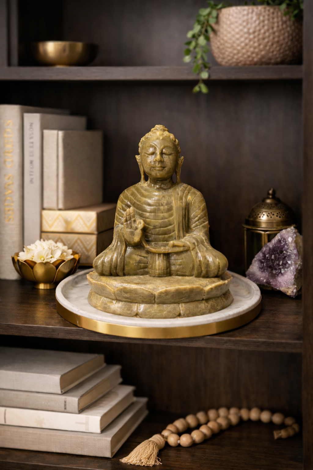 Polished soapstone Buddha statue displayed on a wooden shelf with books and decorative accents, natural stone meditation décor for NZ homes.