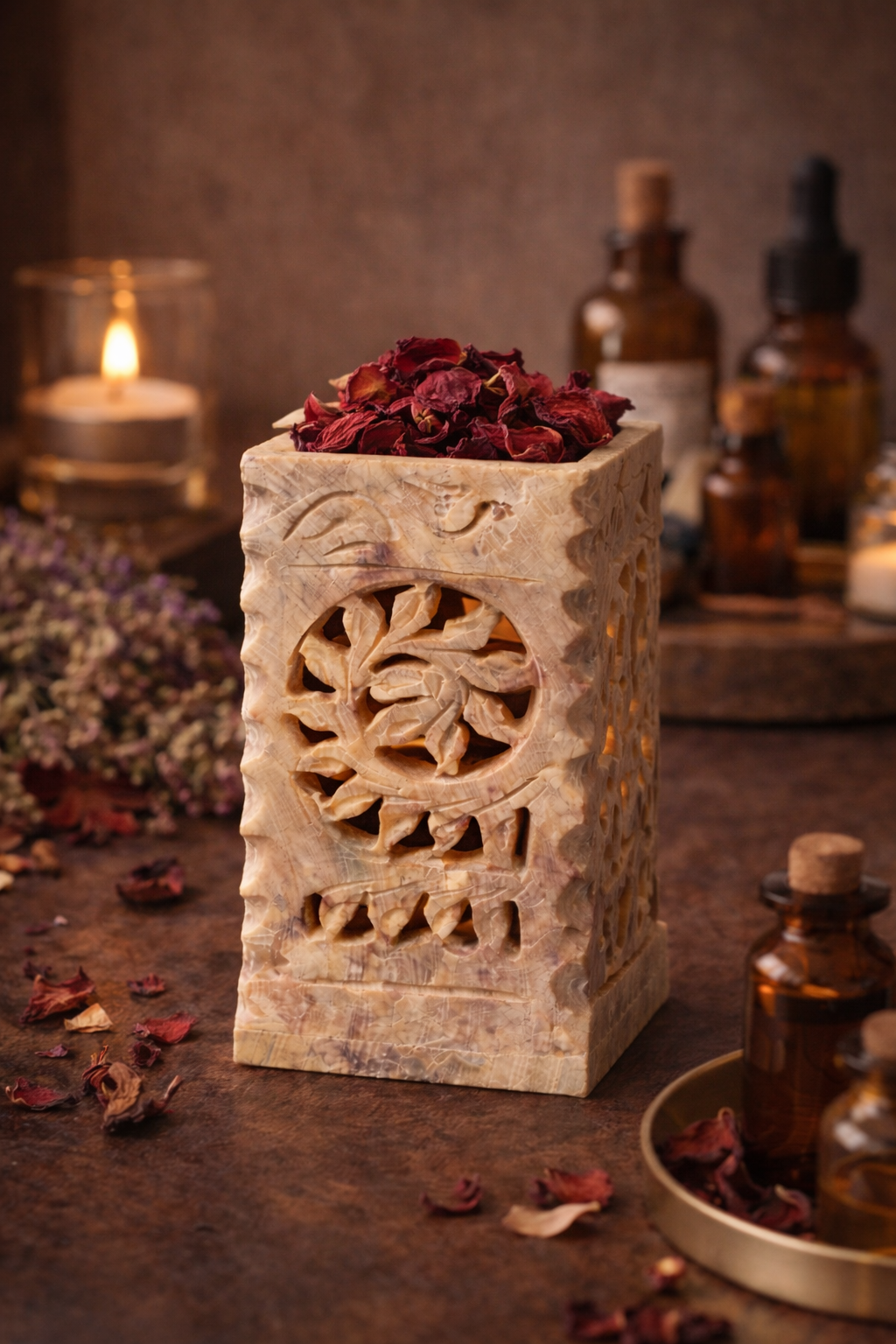 Hand-carved square soapstone holder with floral cut-out design, styled as a decorative vase filled with dried rose petals on a warm-toned table setting.
